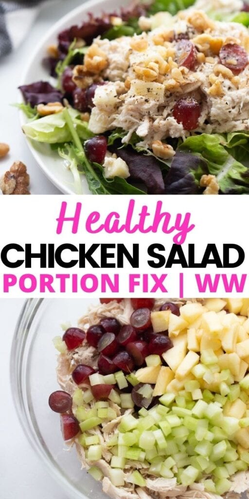 Photo collage with text overlay Healthy Chicken Salad for Portion Fix and WW