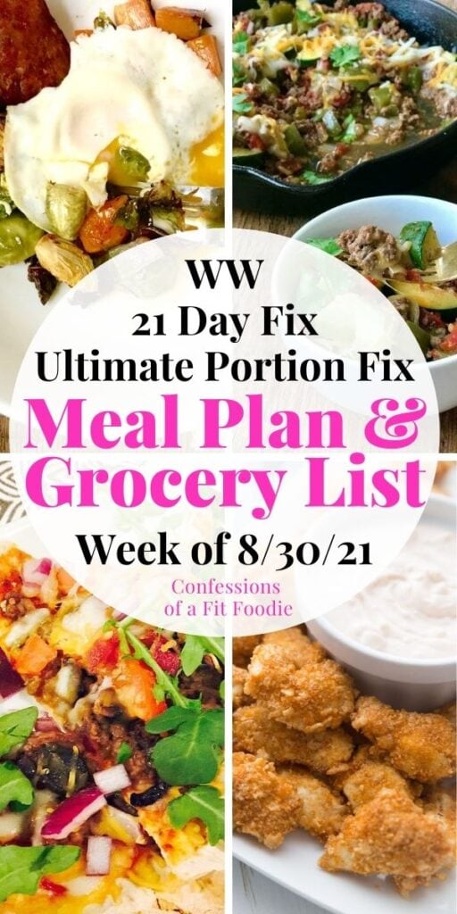 Food photo collage with pink and black text on a white circle - Meal Plan and Grocery List | Week of 8/30/21