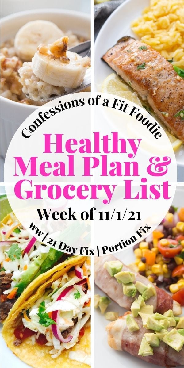 food photo collage with pink and black text on a white circle - Healthy Meal Plan & Grocery List | Week of 11/1/21