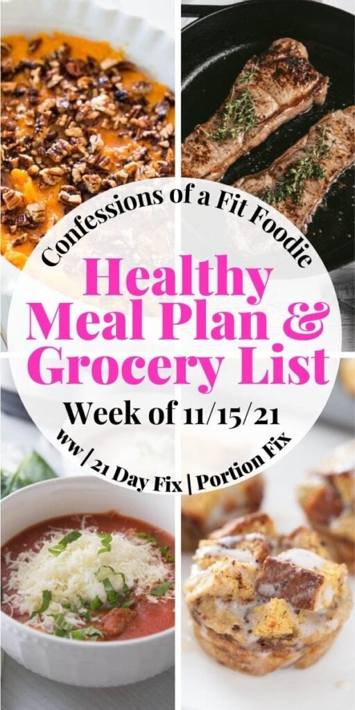Food photo collage with black and pink text on a white circle. Text says, "Healthy Meal Plan & Grocery List | Week of 11/15/21"