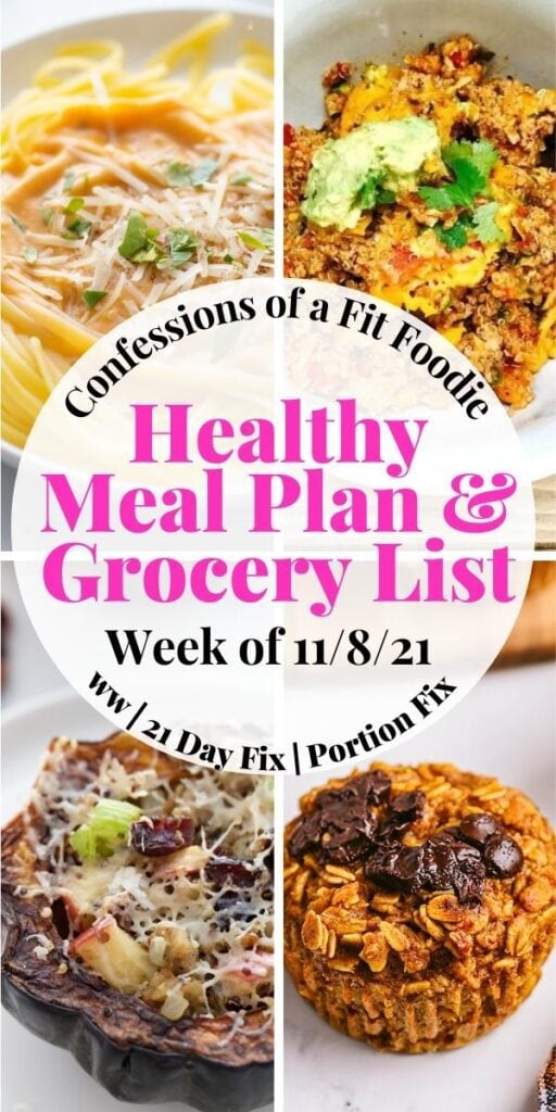 Food photo collage with pink and black text on a white circle. Text says, "Healthy Meal Plan & Grocery List | Week of 11/8/21"