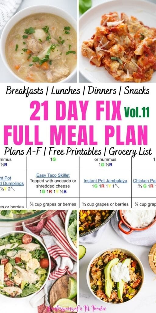 Food photo collage with pink and black text - 21 Day Fix Full Meal Plan Vol 11