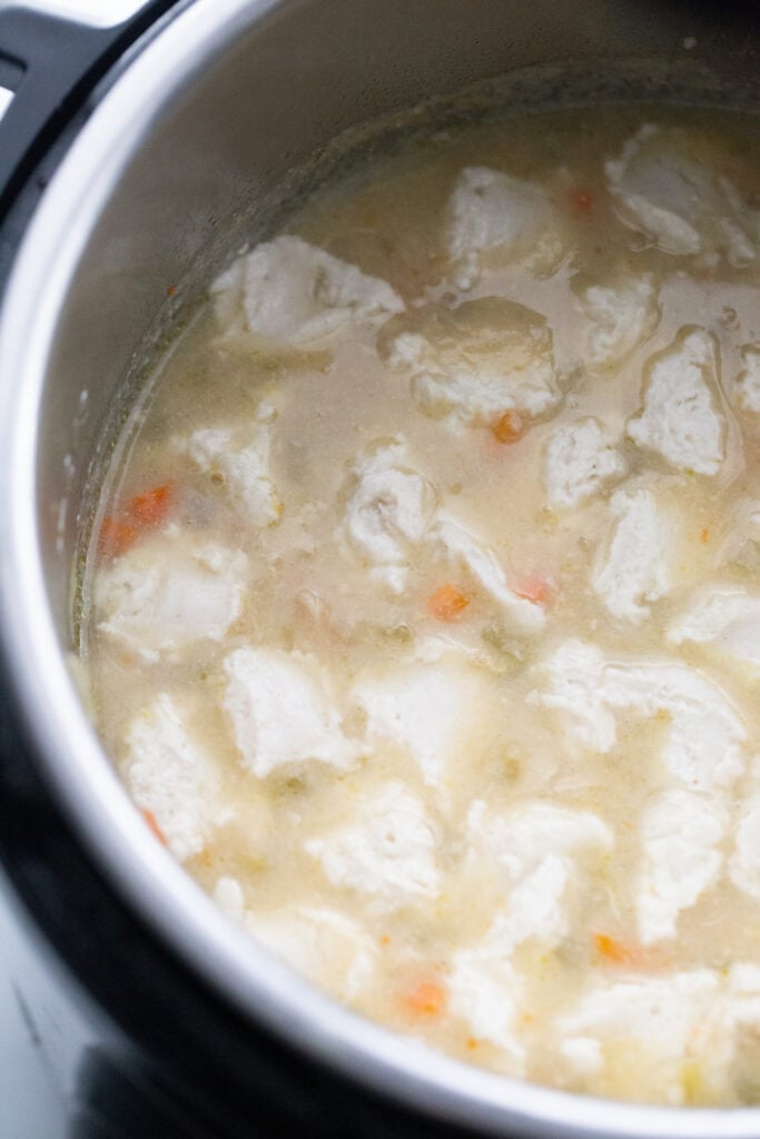 Overhead image: Gluten free dumplings in broth in an Instant Pot
