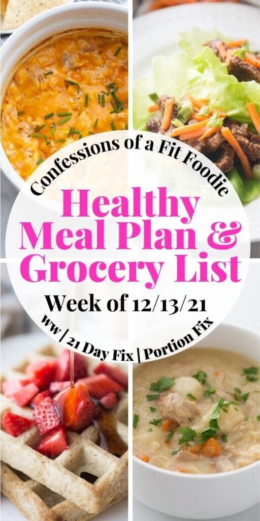 food photo collage with pink and black text. Text says, "Healthy Meal Plan & Grocery List | Week of 12/13/21"