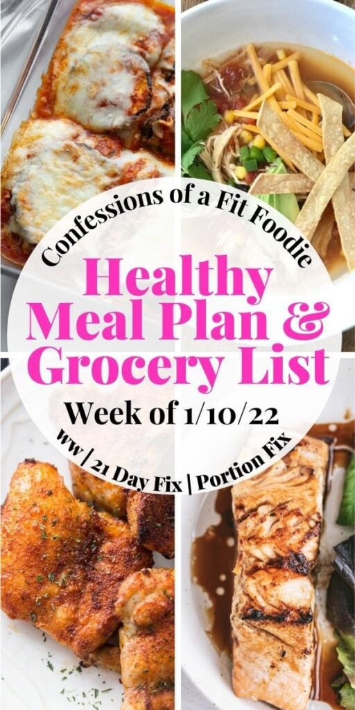 Food photo collage with pink and black text "Healthy Meal Plan & Grocery List | Week of 1/10/22"