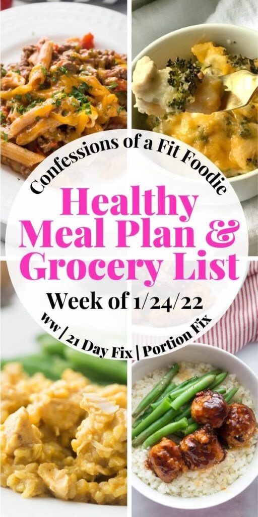 Food photo collage with pink and black text on a white circle. Text says, "Healthy Meal Plan & Grocery List | Week of 1/24/22"