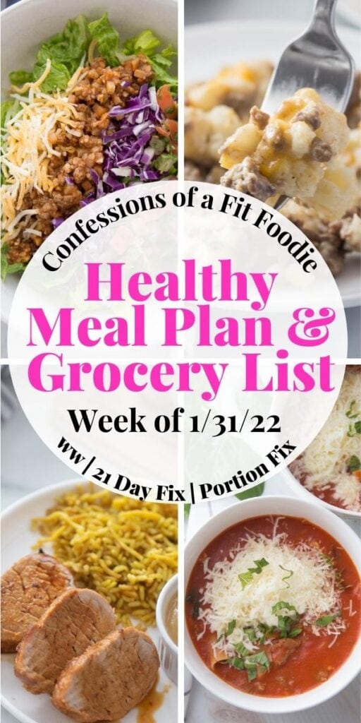 Food photo collage with pink and black text. Text says, "Healthy Meal Plan & Grocery List | Week of 1/31/22"