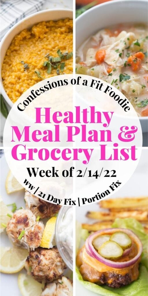 food photo collage with pink and black text on a white circle - text says, "Healthy Meal Plan & Grocery List Week of 2/14/22"