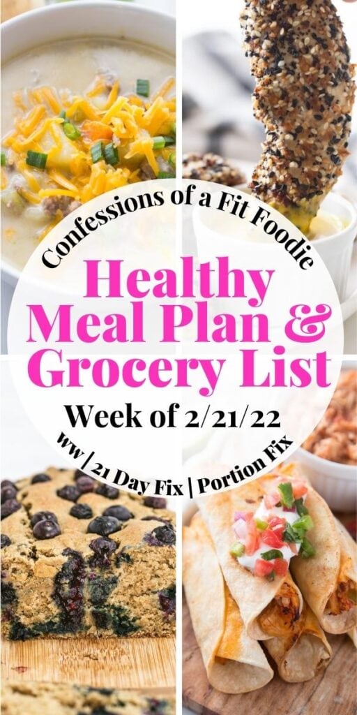 Food photo collage with black and pink text on a white circle. Text says, "Healthy Meal Plan & Grocery List | Week of 2/21/22"