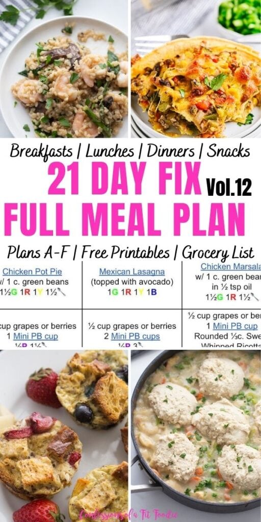 food photo collage with black and pink text. Text says, "21 Day Fix Meal Plan Vol 12" 
