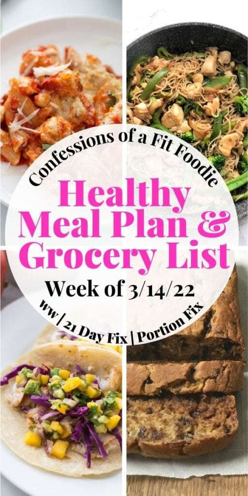 Food photo collage with black and pink text on a white circle. Text says, "Healthy Meal Plan & Grocery List Week of 3/14/22"