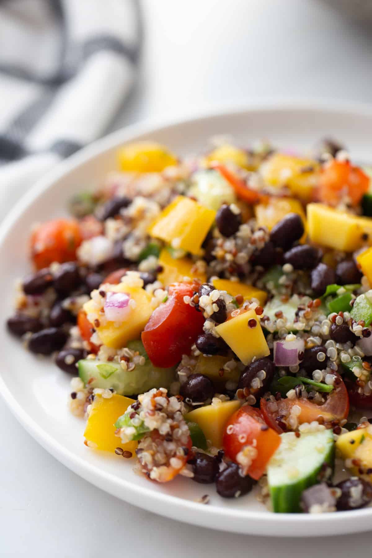 Close up photo of quinoa and black bean salad on a white plate.  There are chopped veggies, cooked quinoa, and black beans all mixed together.