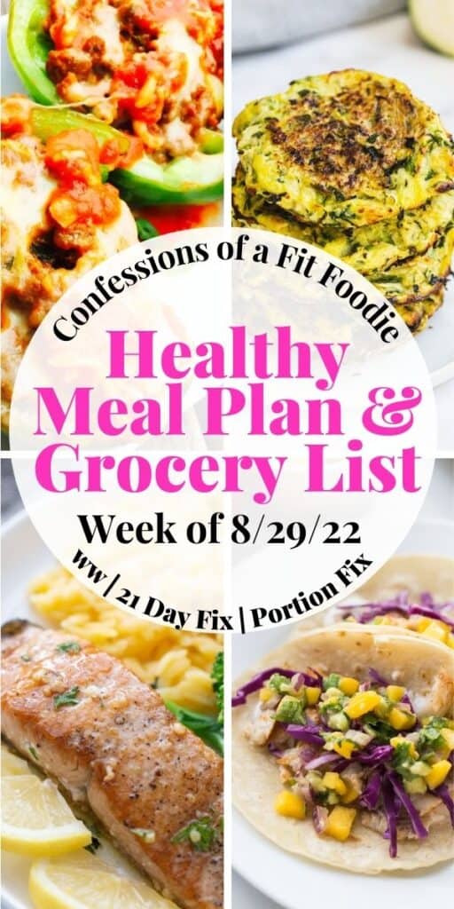Food photo collage with text overlay on a white circle. Text says, "Healthy Meal Plan & Grocery List | Week of 8/29/22"