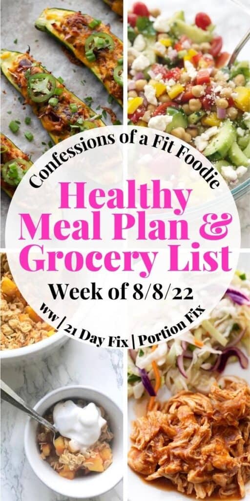 Food photo collage with pink and black text on a white circle. Text says, "Healthy Meal Plan & Grocery List | Week of 8/8/22" 