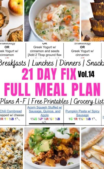 Six recipe images with text overlay for 21 day fix meal plan with all meals and free printables