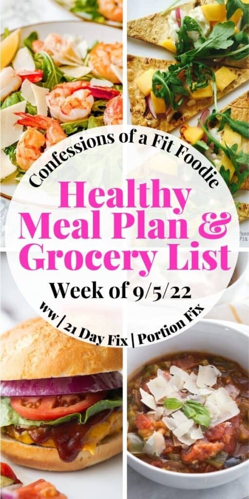 Food photo collage with text on a white circle. Text says, "Healthy Meal Plan & Grocery List Week of 9/5/22"