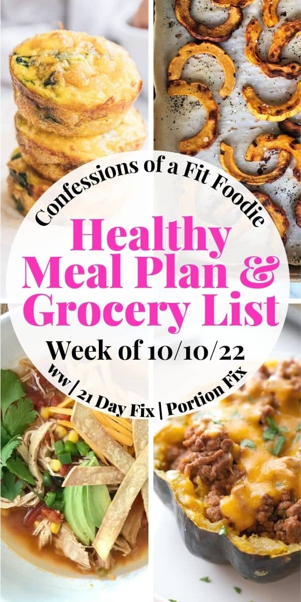 Food photo collage with pink and black text on a white circle. Text says, "Healthy Meal Plan & Grocery List | Week of 10/10/22" 