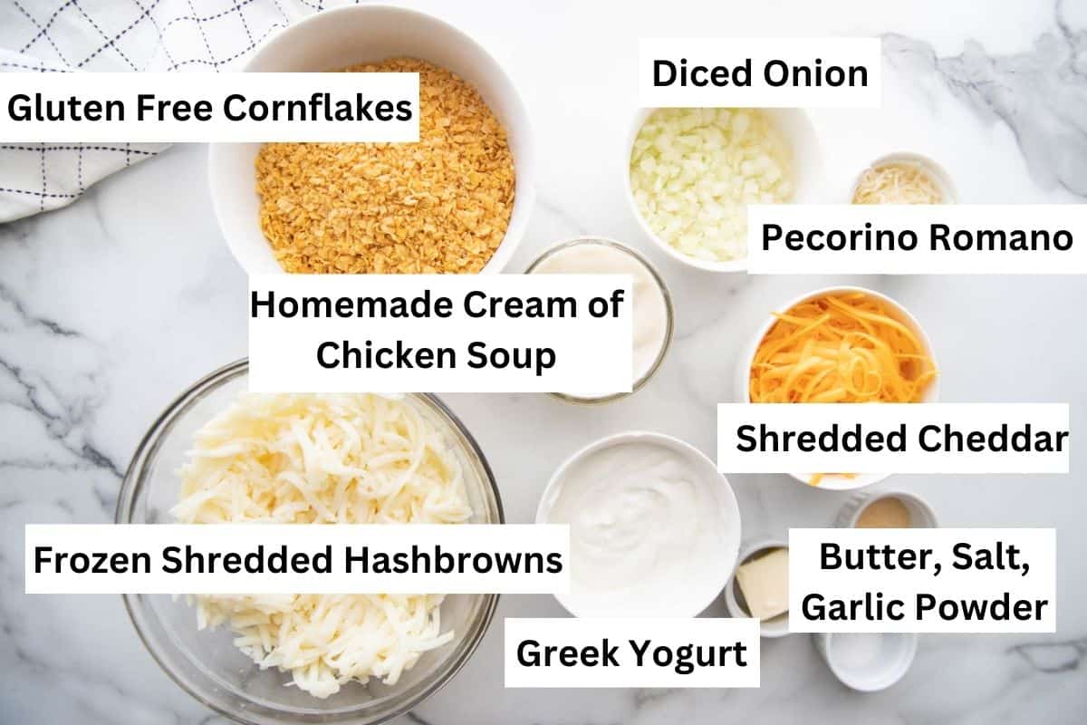 Overhead photo of ingredients for Healthier Cheesy Hashbrown Casserole
