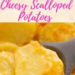 Pinterest Image for Instant Pot Cheesy Scalloped Potatoes showing a serving spoon and bowl full of potatoes.