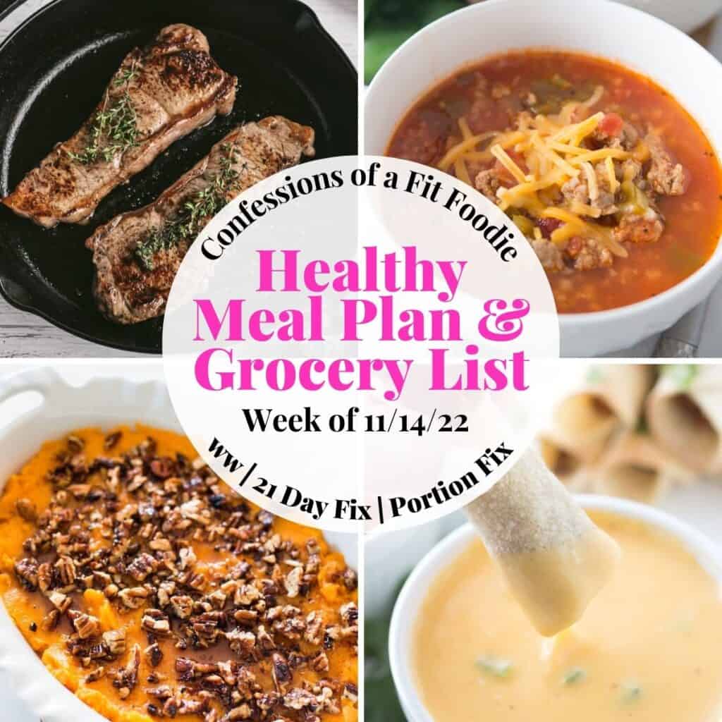Food photo collage with pink and black text on a white circle. Text says, "Healthy Meal Plan & Grocery List | Week of 11/14/22".