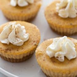 A plate of four mini pumpkin cheesecake bites.