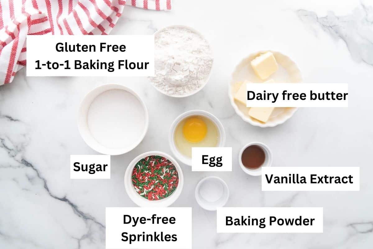 Photo of labeled ingredients for Gluten and Dairy Free Sugar Cookies. 