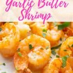 Pinterest image with pink and black text overlay for Air Fryer Garlic Butter Shrimp