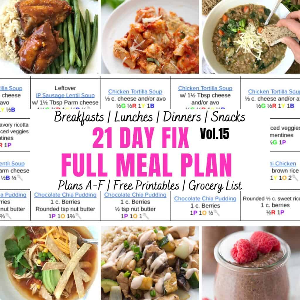 Food photo collage with text overlay. The main text says, "21 Day Fix Full Meal Plan Vol. 15". There is a screenshot of a data table in the middle also.