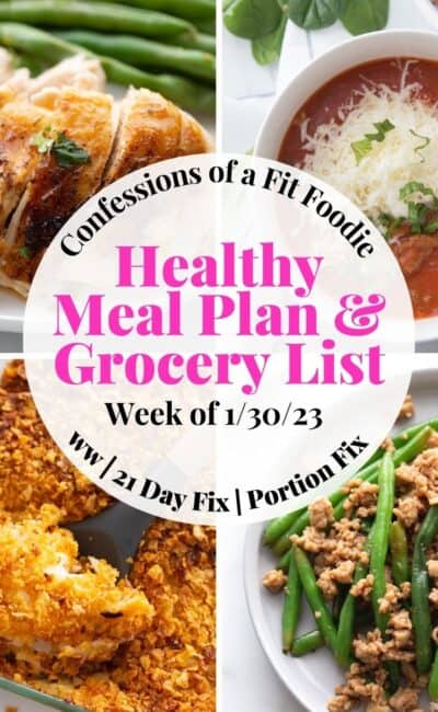 Photo collage for Healthy Meal Plan + Grocery List.