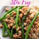 Pinterest Image with text overlay for the easiest ground chicken stir fry ready in 25 minutes.