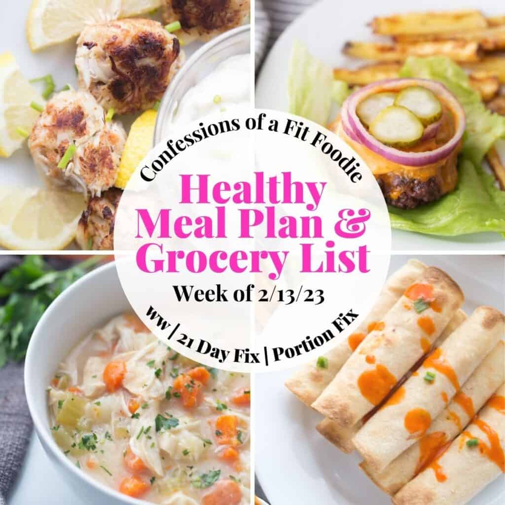 Food photo collage with black and pink text on a white circle. Text says, "Healthy Meal Plan & Grocery List, Week of 2/13/23"