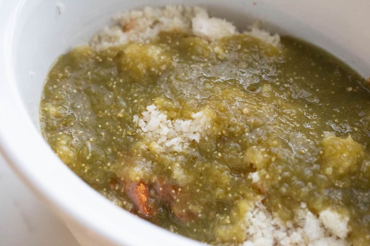 Salsa Verde Chicken Soup in a crock pot.