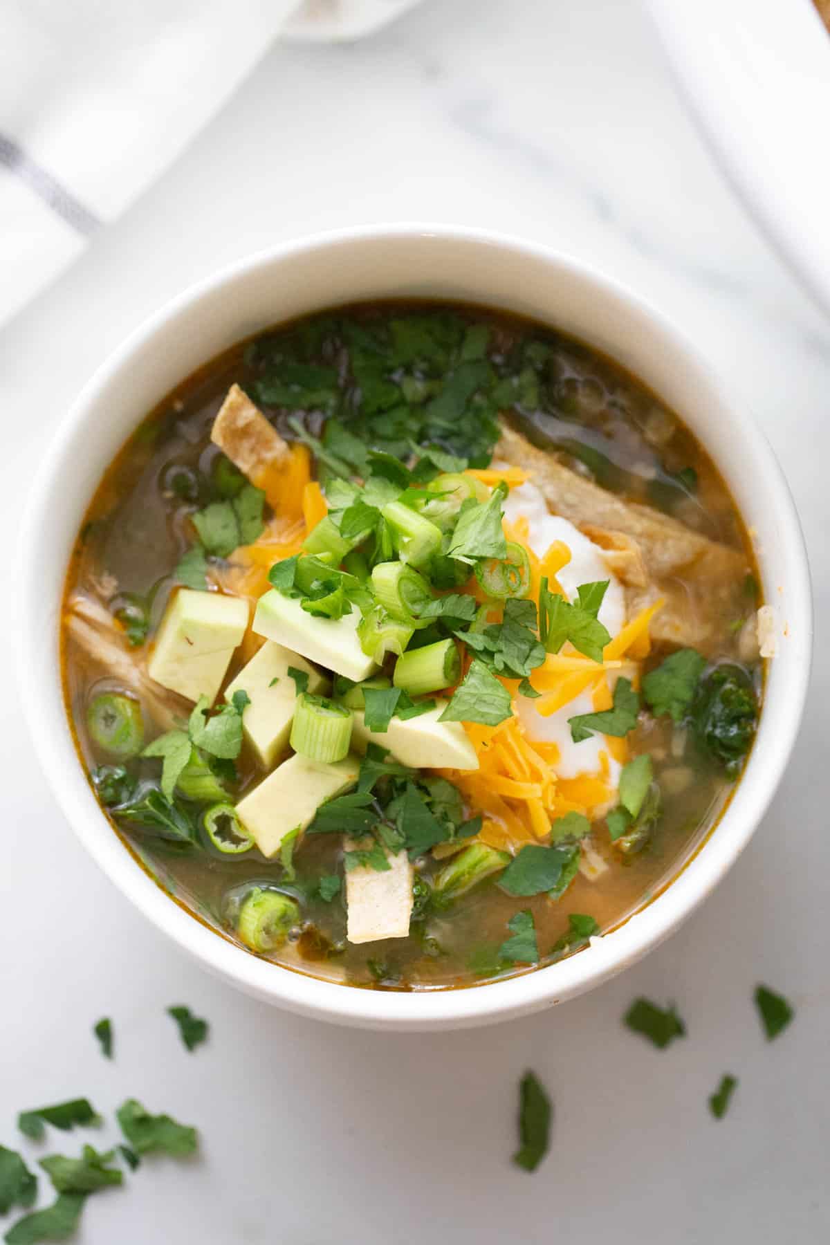 Salsa verde chicken soup made in the slow cooker and topped with cilantro, cheese, avocado, and homemade tortilla strips.