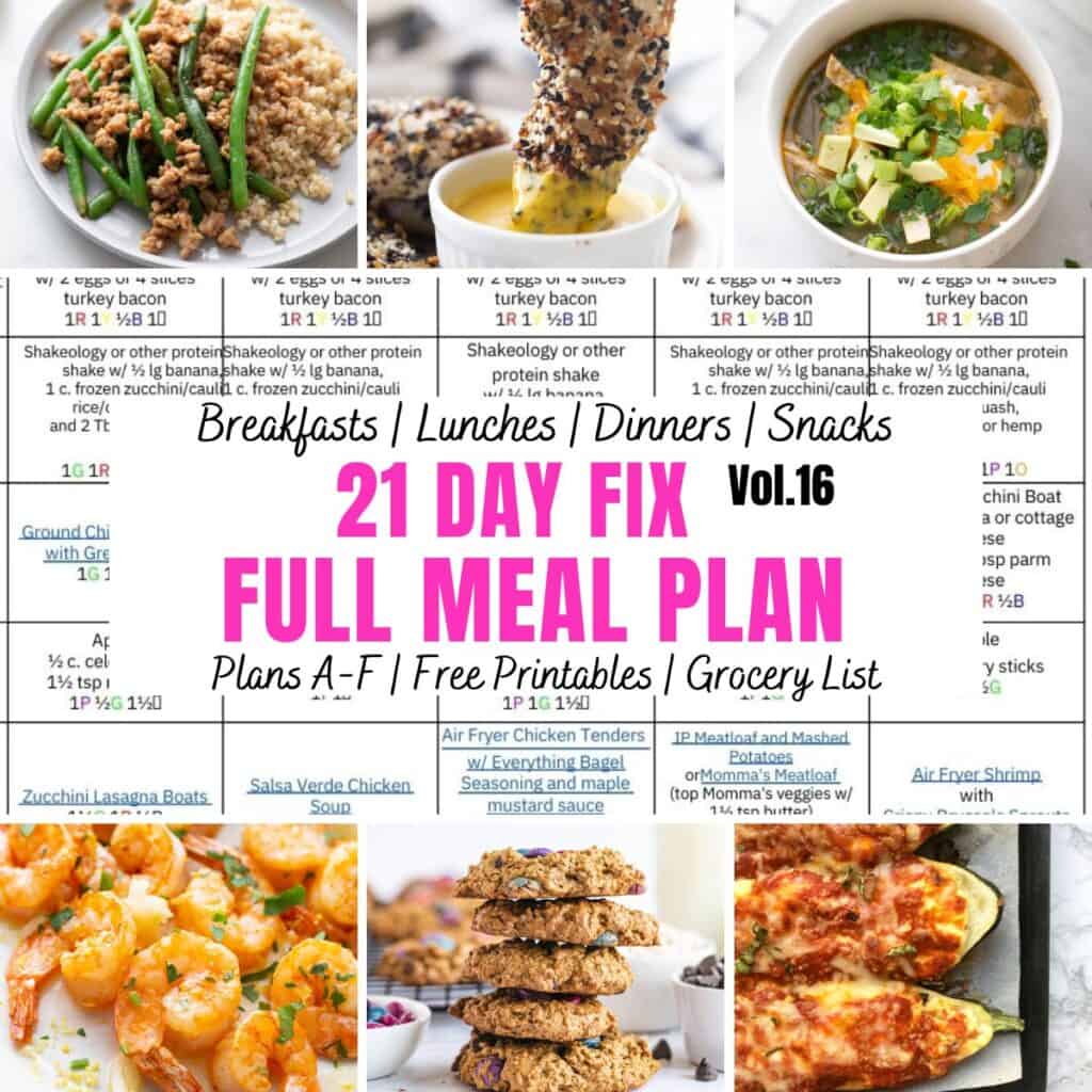 Food photo collage with pink and black text. Text says, "21 Day Fix Full Meal Plan Vol 16"