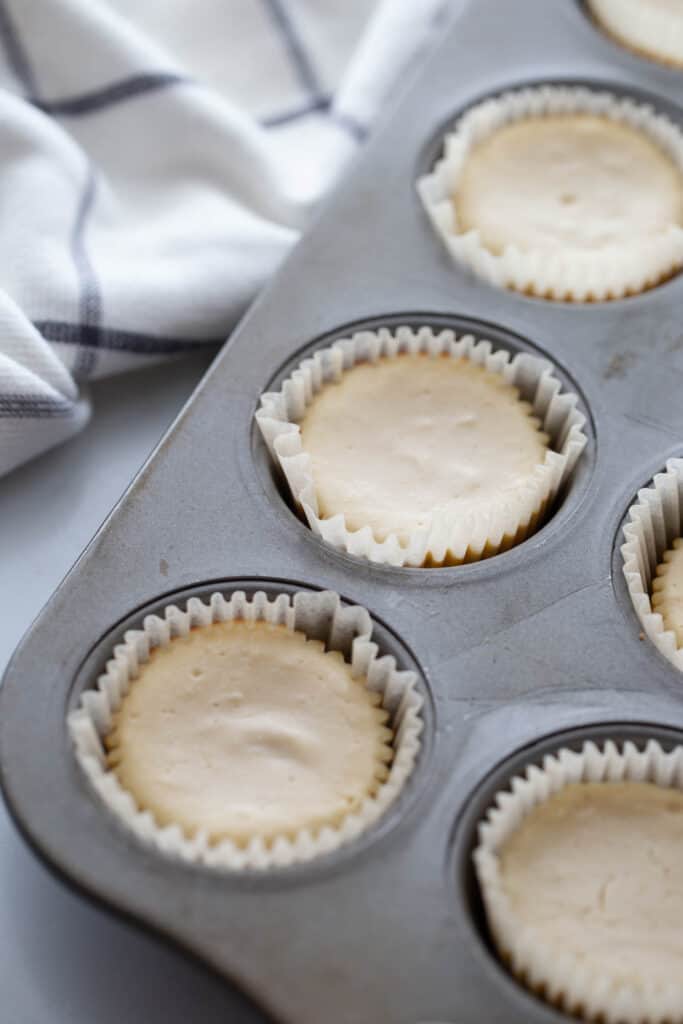 Close up photo of cooked mini cheesecakes in a muffin tin.