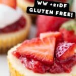 Pinterest image with text overlay for healthier mini cheesecakes that are also gluten free.