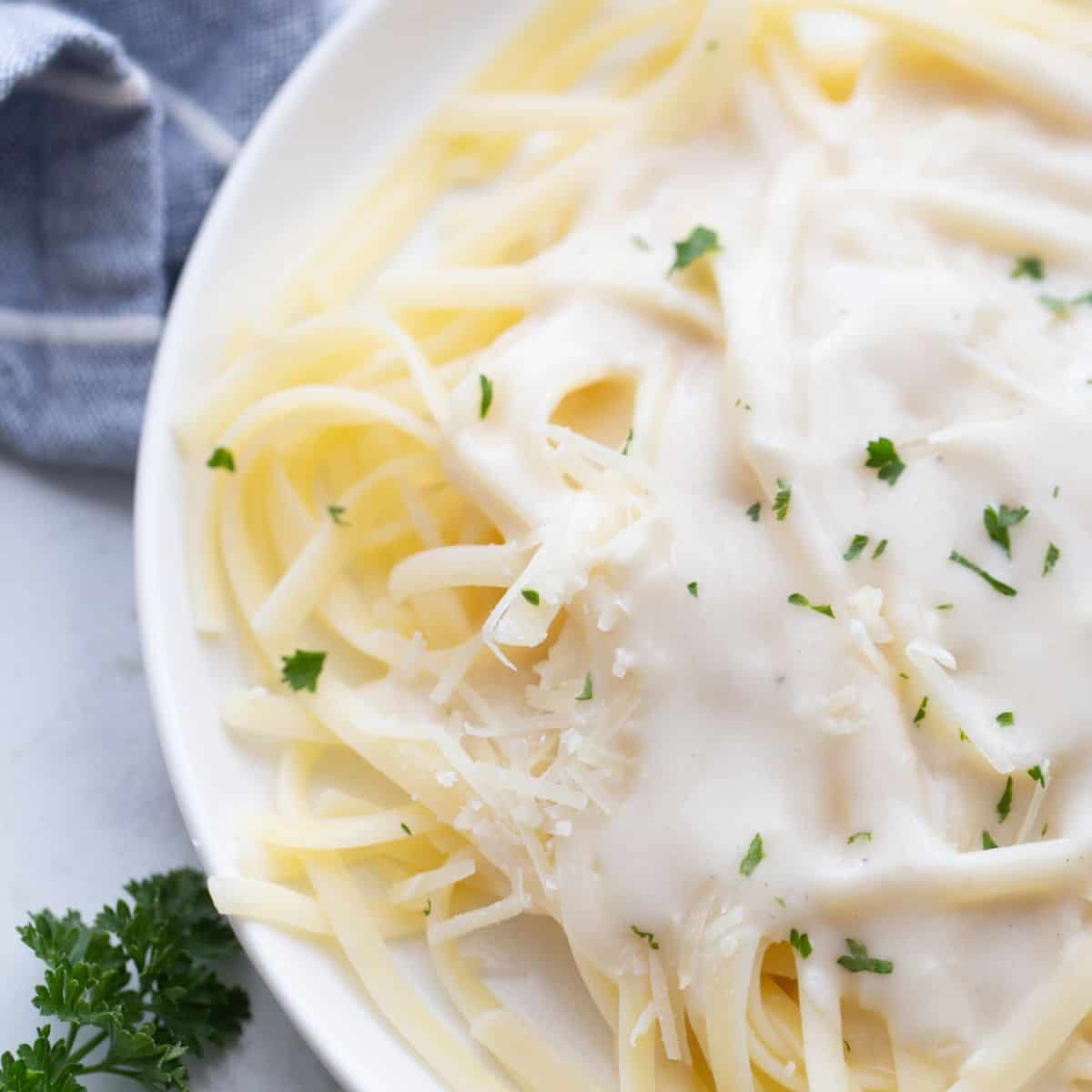 A white plate of gluten free fettuccini topped with healthy alfredo sauce, some parmesan cheese, and garnished with fresh parsley.