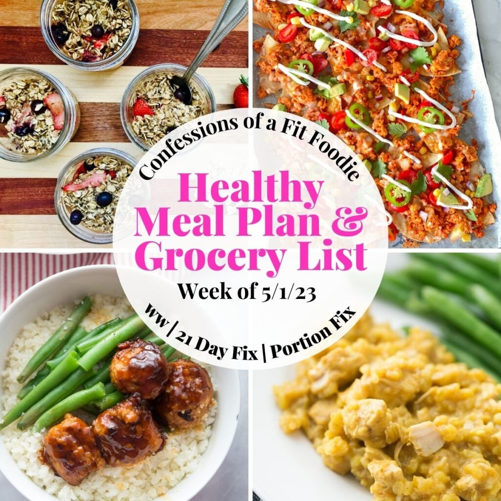 Food photo collage with pink and black text on a white circle. Text says, "Healthy Meal Plan & Grocery List, Week of 5/1/23"