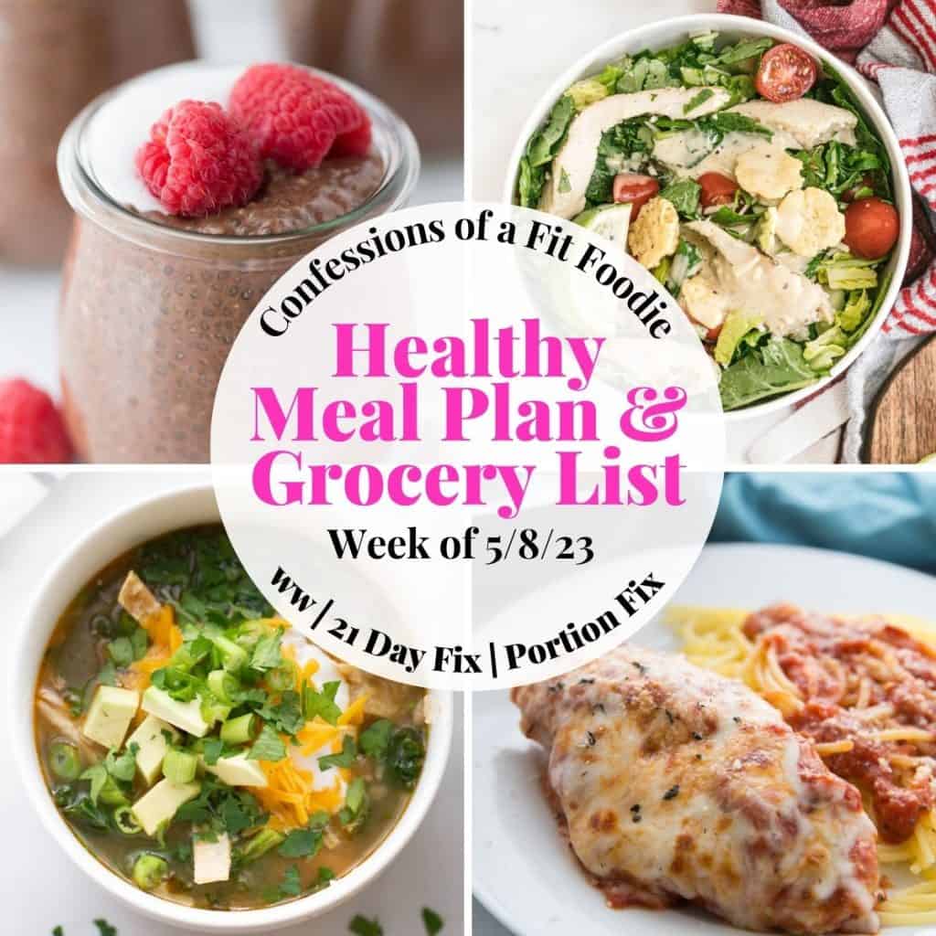 Food photo collage with pink and black text on a white circle. Text says, "Healthy Meal Plan & Grocery List Week of 5/8/23"