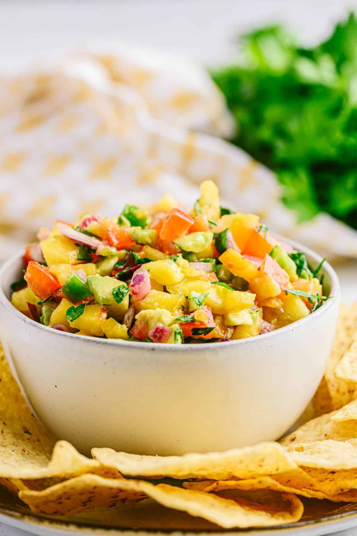 A white bowl of peach salsa for a dip with tortilla chip placed around the bowl and a white and yellow kitchen towel in the background.