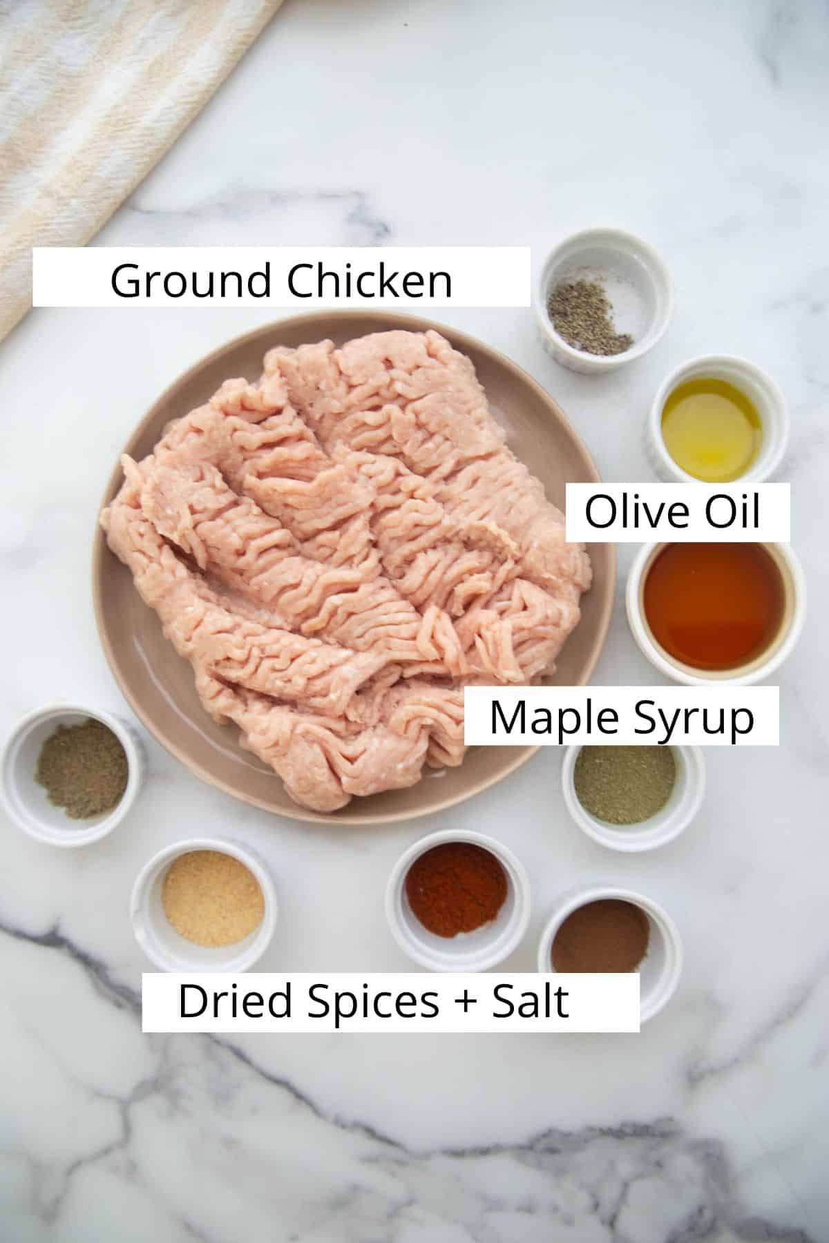 Ingredients for homemade maple chicken breakfast sausage.