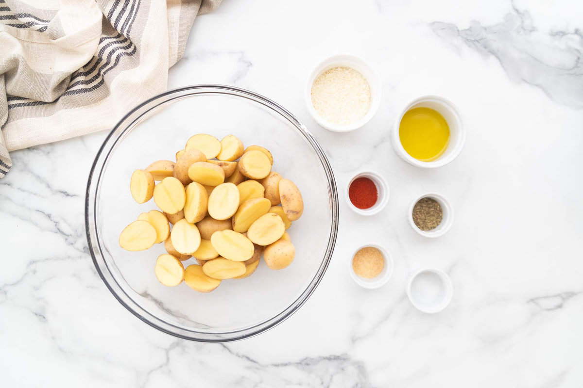 Ingredients for Parmesan roasted baby potatoes.