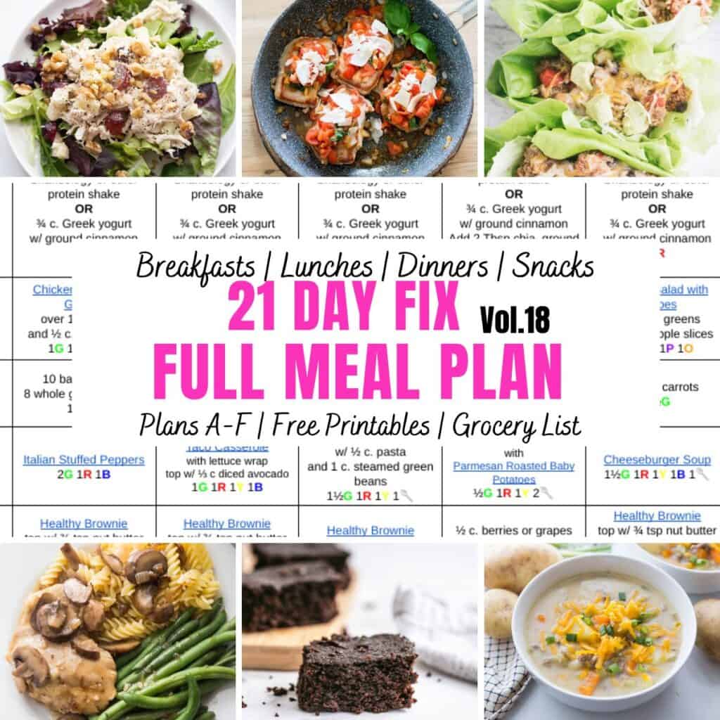 Food photo collage with three photos across the top, and three photos across the bottom. In the middle is black and pink text on a white background and a snapshot of a meal plan grid. 
