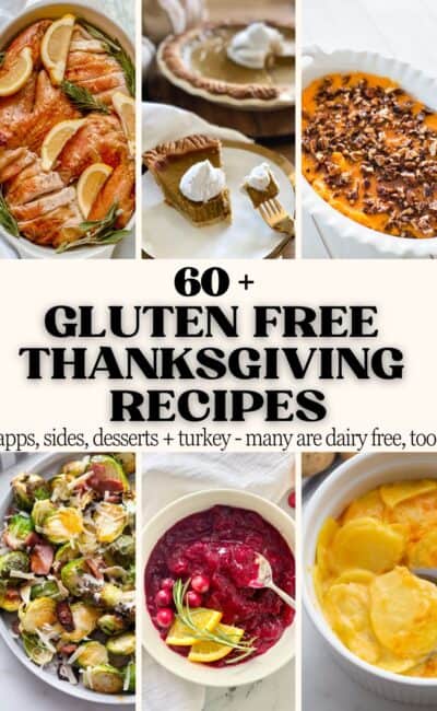 Collage for pinterest for 60 gluten free thanksgiving recipes.
