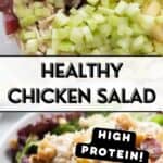 Two images of healthy chicken salad with grapes with text for pinterest.