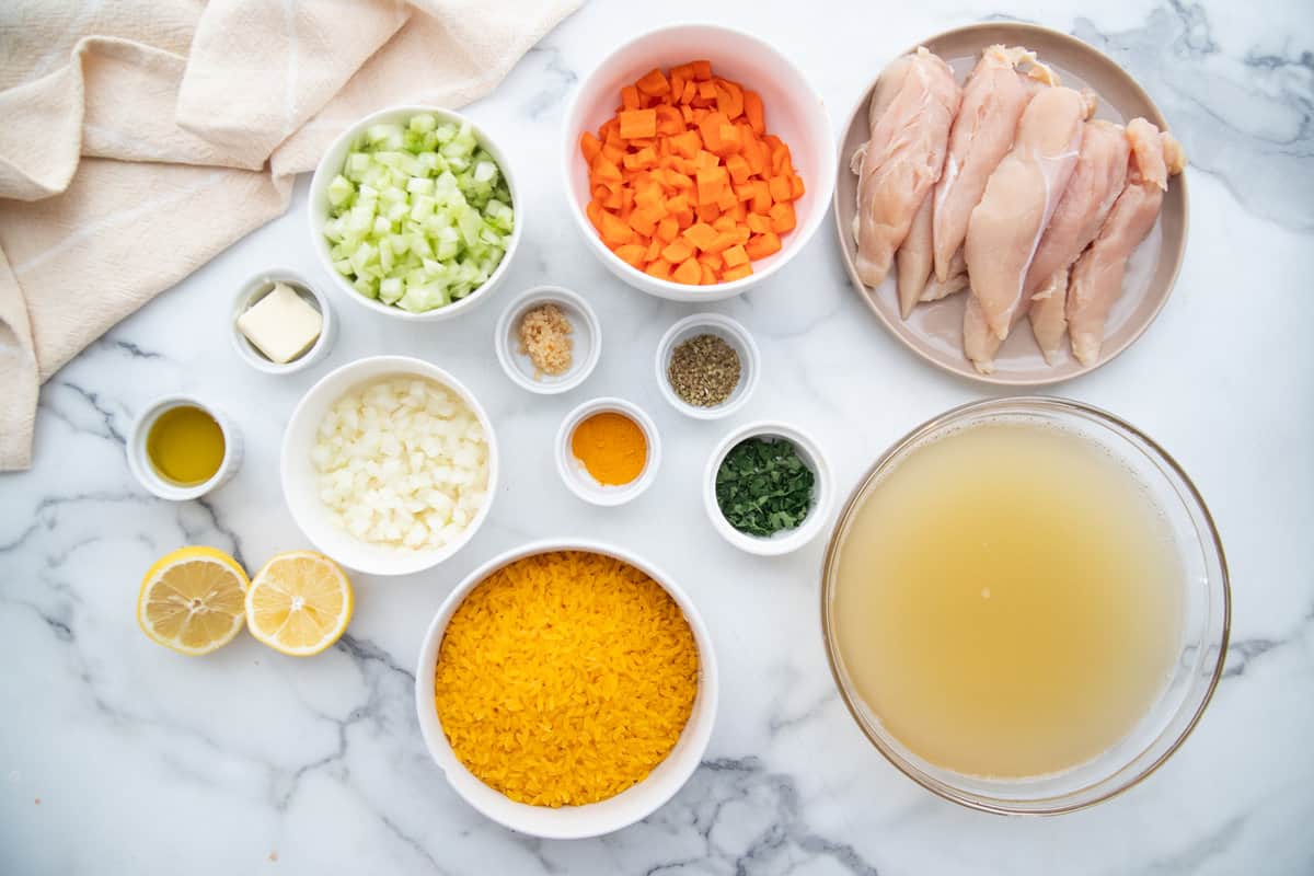 Ingredients for Lemon Chicken Orzo Soup with gluten free orzo.