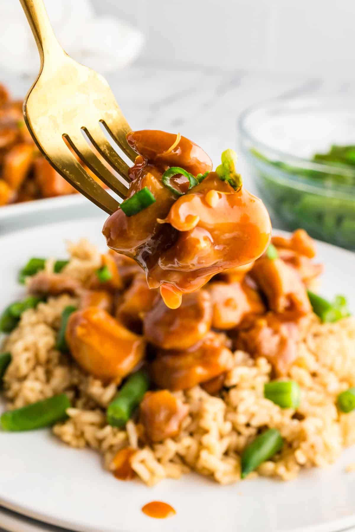 A bite shot of bourbon chicken over brown rice with green beans and garnished with green onions.