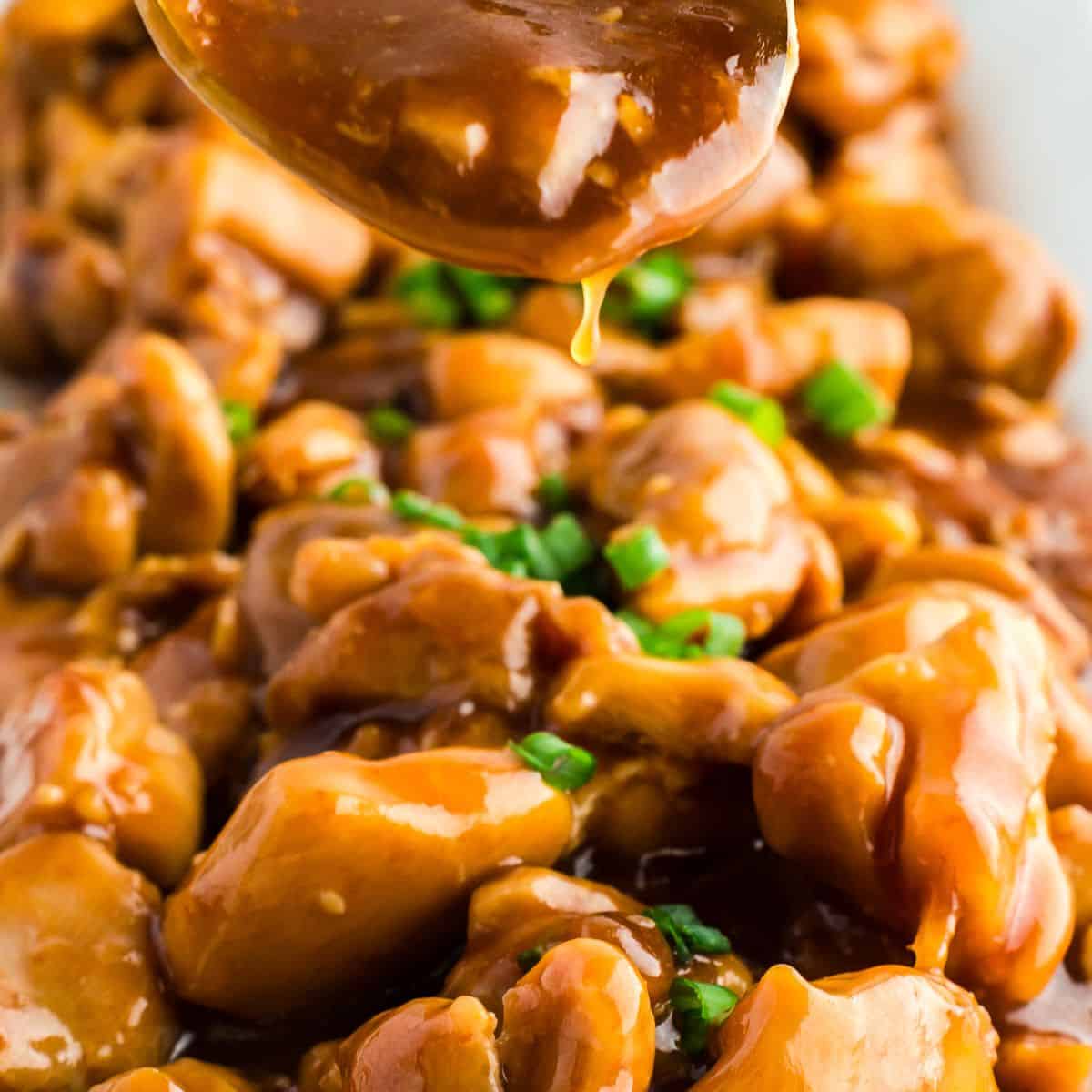 Tender pieces of chicken smothered in a homemade bourbon sauce and garnished with green onions.