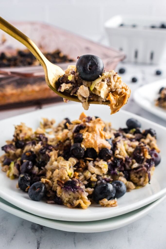 A bite shot of of zucchini blueberry baked oatmeal on a double stacked white plate.