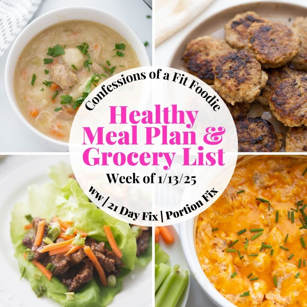 Food photo collage with pink and black text on a white circle. Text says "Healthy Meal Plan & Grocery List Week of 1/13/25"